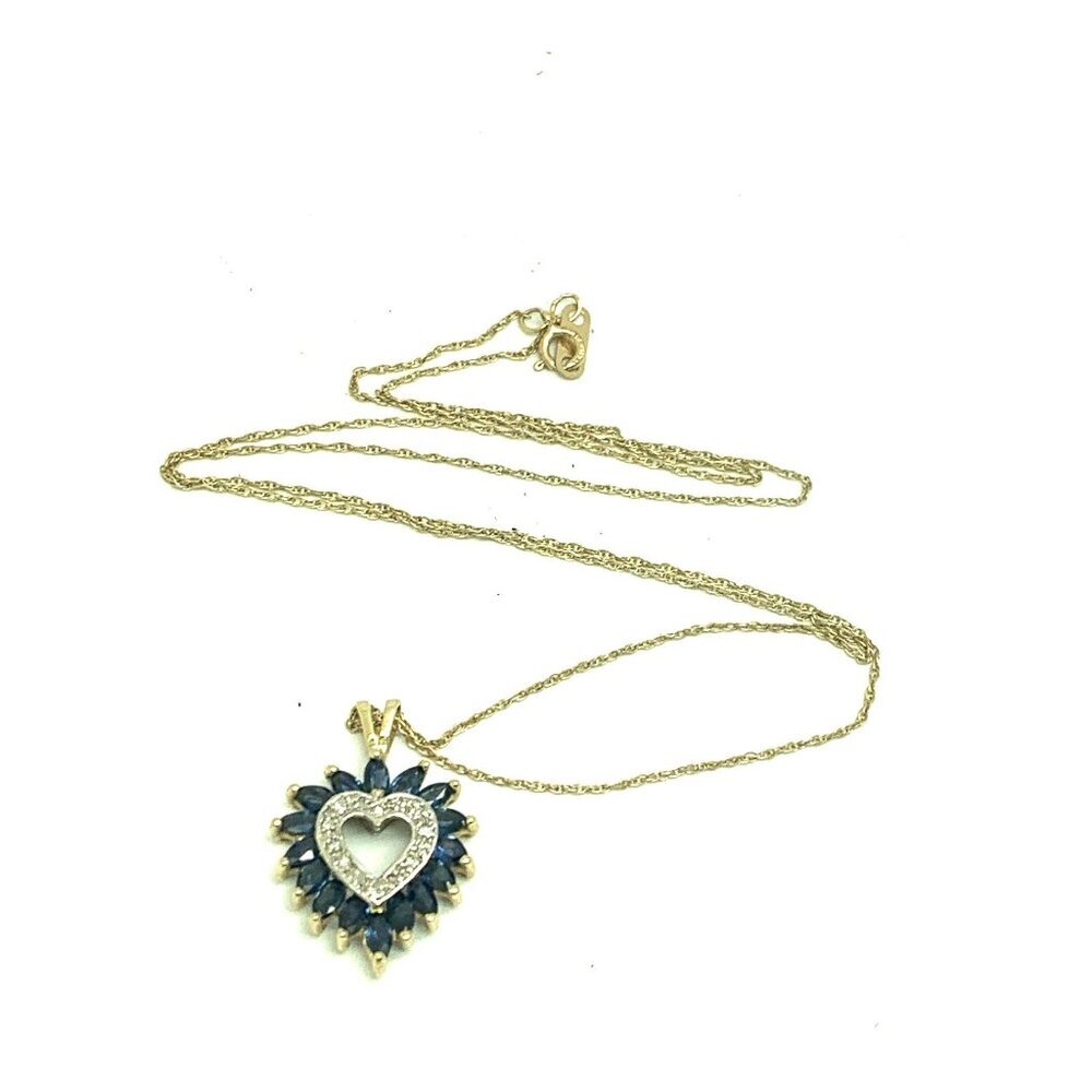 Heart Shape Pendant Blue Gemstone Diamond 10k Yellow Gold Love Women's Necklace